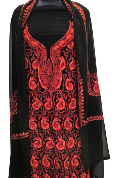 Elegant Black Kashmiri Aari Work Georgette Three Piece Unstitched Suit Set - Luxurion World