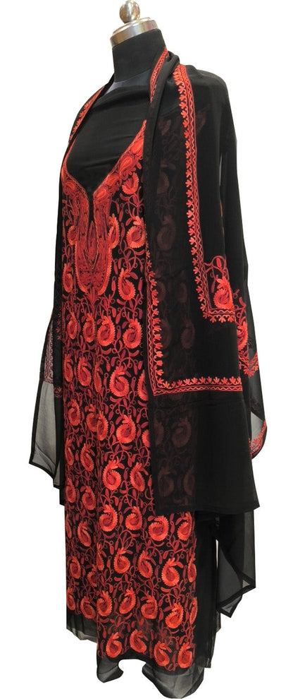 Elegant Black Kashmiri Aari Work Georgette Three Piece Unstitched Suit Set - Luxurion World