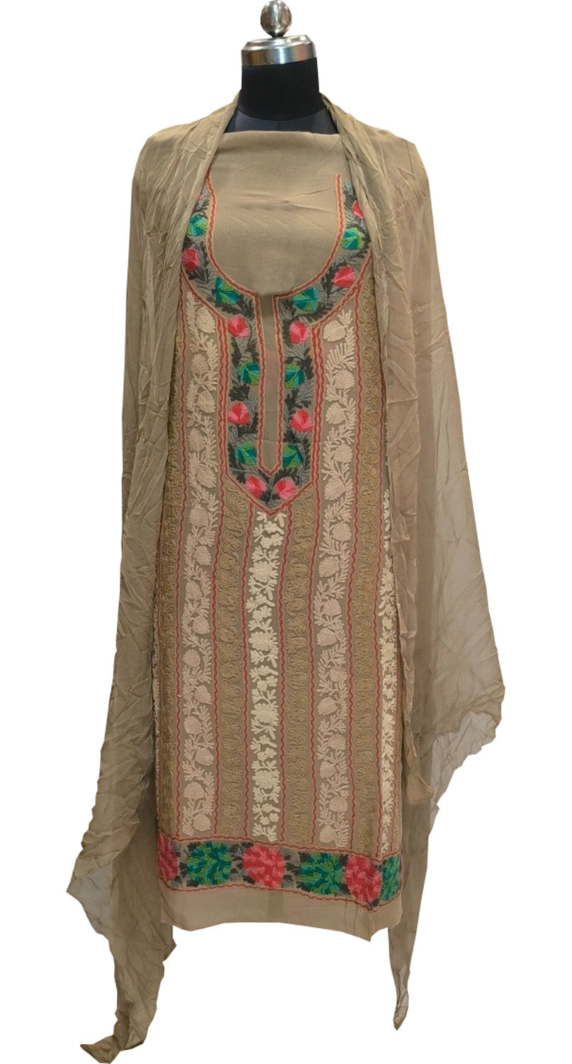 Elegant Pastel Kashmiri Aari Work Georgette Three Piece Unstitched Suit Set - Luxurion World