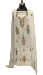 Elegant Off White Kashmiri Aari Work Georgette Three Piece Unstitched Suit Set - Luxurion World