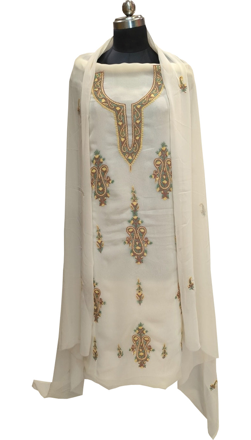 Elegant Off White Kashmiri Aari Work Georgette Three Piece Unstitched Suit Set - Luxurion World