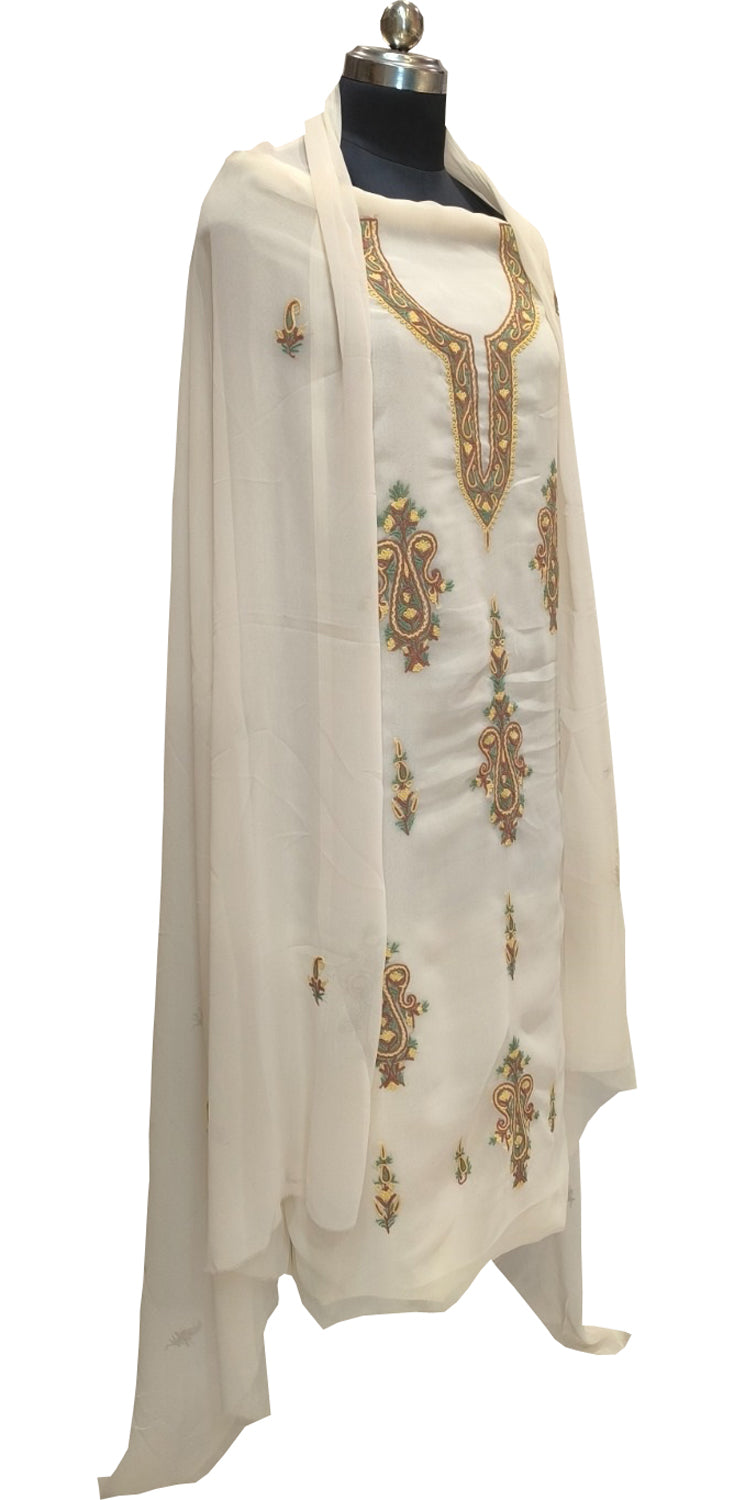 Elegant Off White Kashmiri Aari Work Georgette Three Piece Unstitched Suit Set - Luxurion World