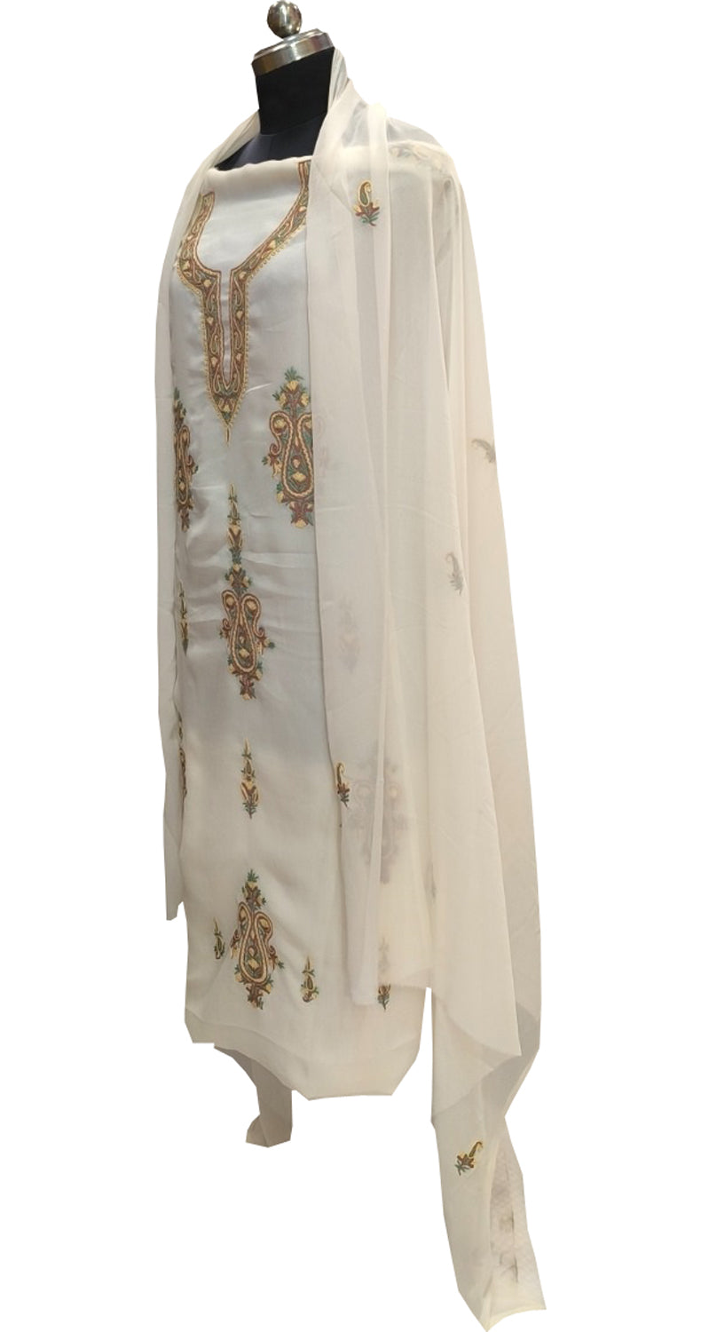 Elegant Off White Kashmiri Aari Work Georgette Three Piece Unstitched Suit Set - Luxurion World