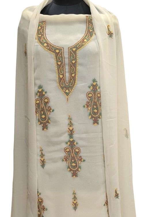 Elegant Off White Kashmiri Aari Work Georgette Three Piece Unstitched Suit Set - Luxurion World