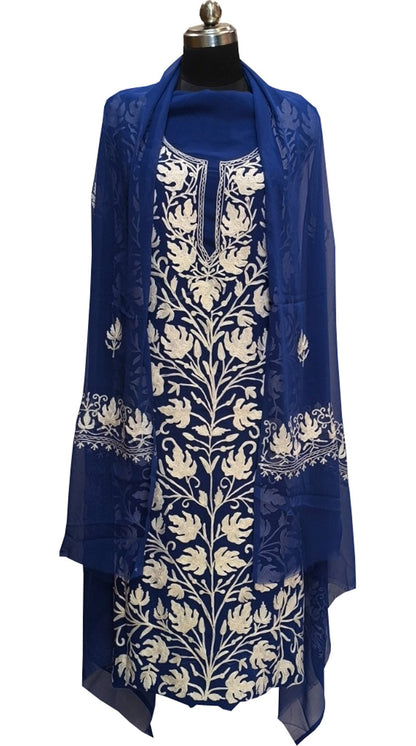 Elegant Blue Kashmiri Aari Work Georgette Three Piece Unstitched Suit Set - Luxurion World