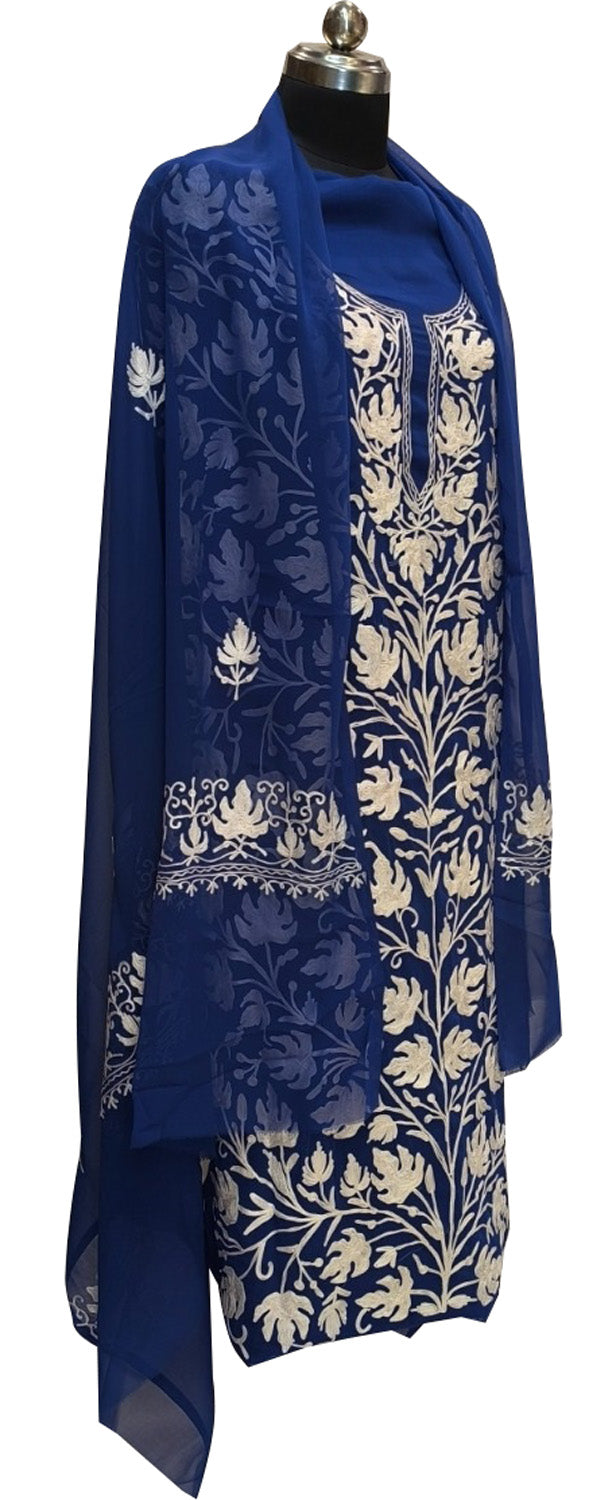 Elegant Blue Kashmiri Aari Work Georgette Three Piece Unstitched Suit Set - Luxurion World