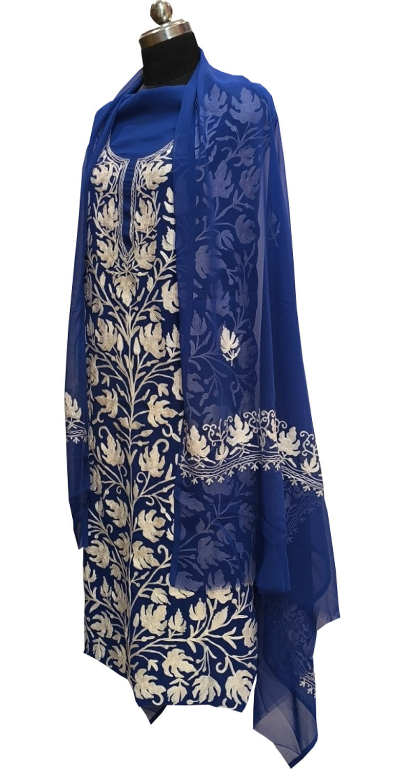 Elegant Blue Kashmiri Aari Work Georgette Three Piece Unstitched Suit Set - Luxurion World