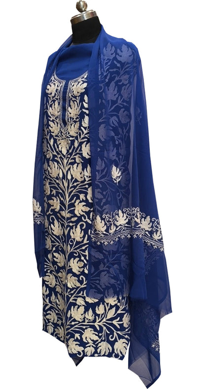 Elegant Blue Kashmiri Aari Work Georgette Three Piece Unstitched Suit Set - Luxurion World
