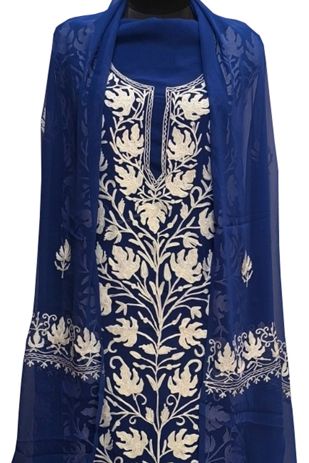 Elegant Blue Kashmiri Aari Work Georgette Three Piece Unstitched Suit Set - Luxurion World