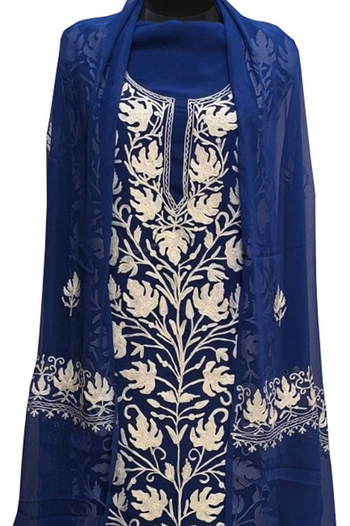 Elegant Blue Kashmiri Aari Work Georgette Three Piece Unstitched Suit Set - Luxurion World