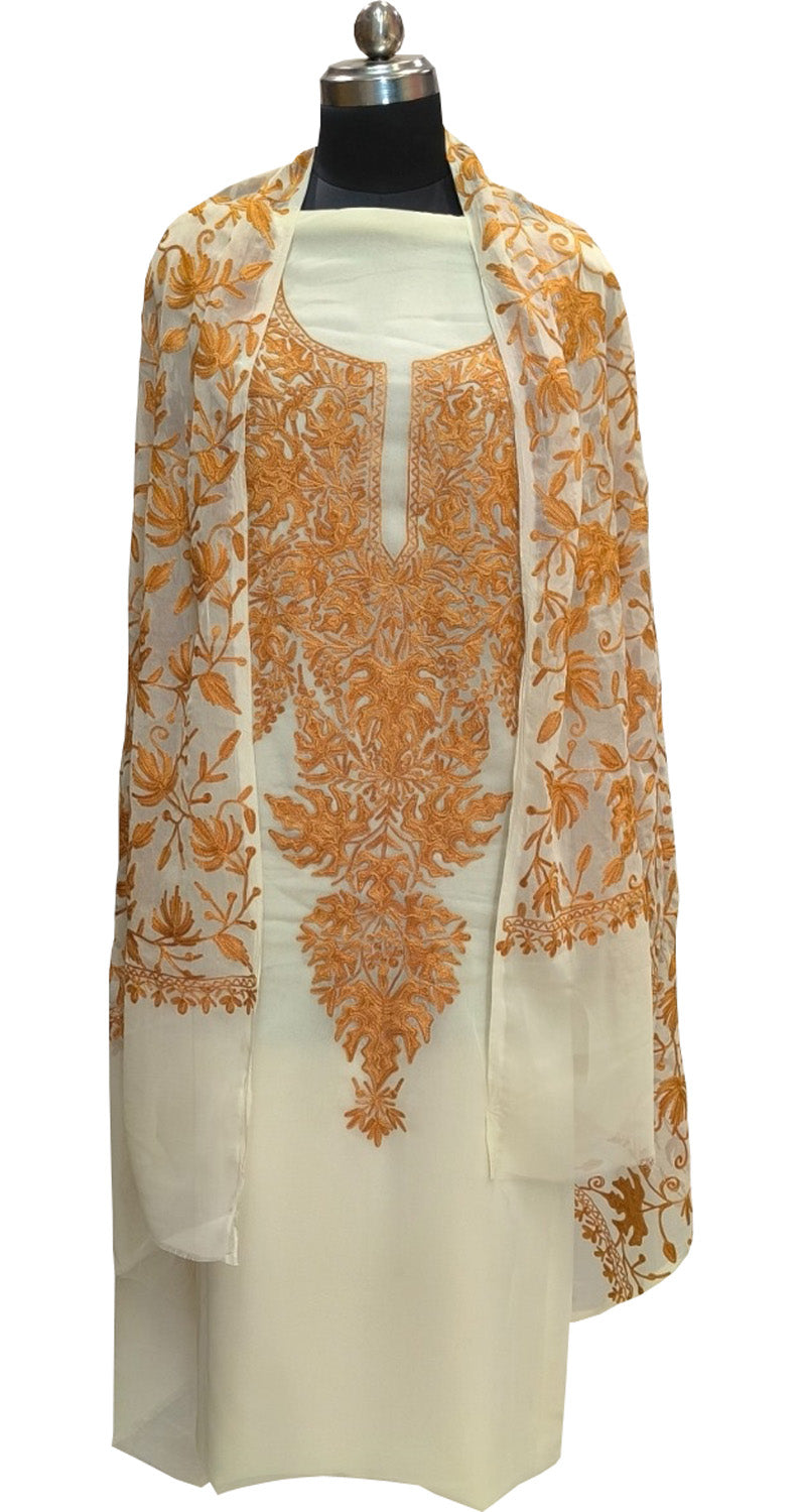 Elegant Off White Kashmiri Aari Work Georgette Three Piece Unstitched Suit Set - Luxurion World