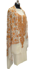 Elegant Off White Kashmiri Aari Work Georgette Three Piece Unstitched Suit Set - Luxurion World
