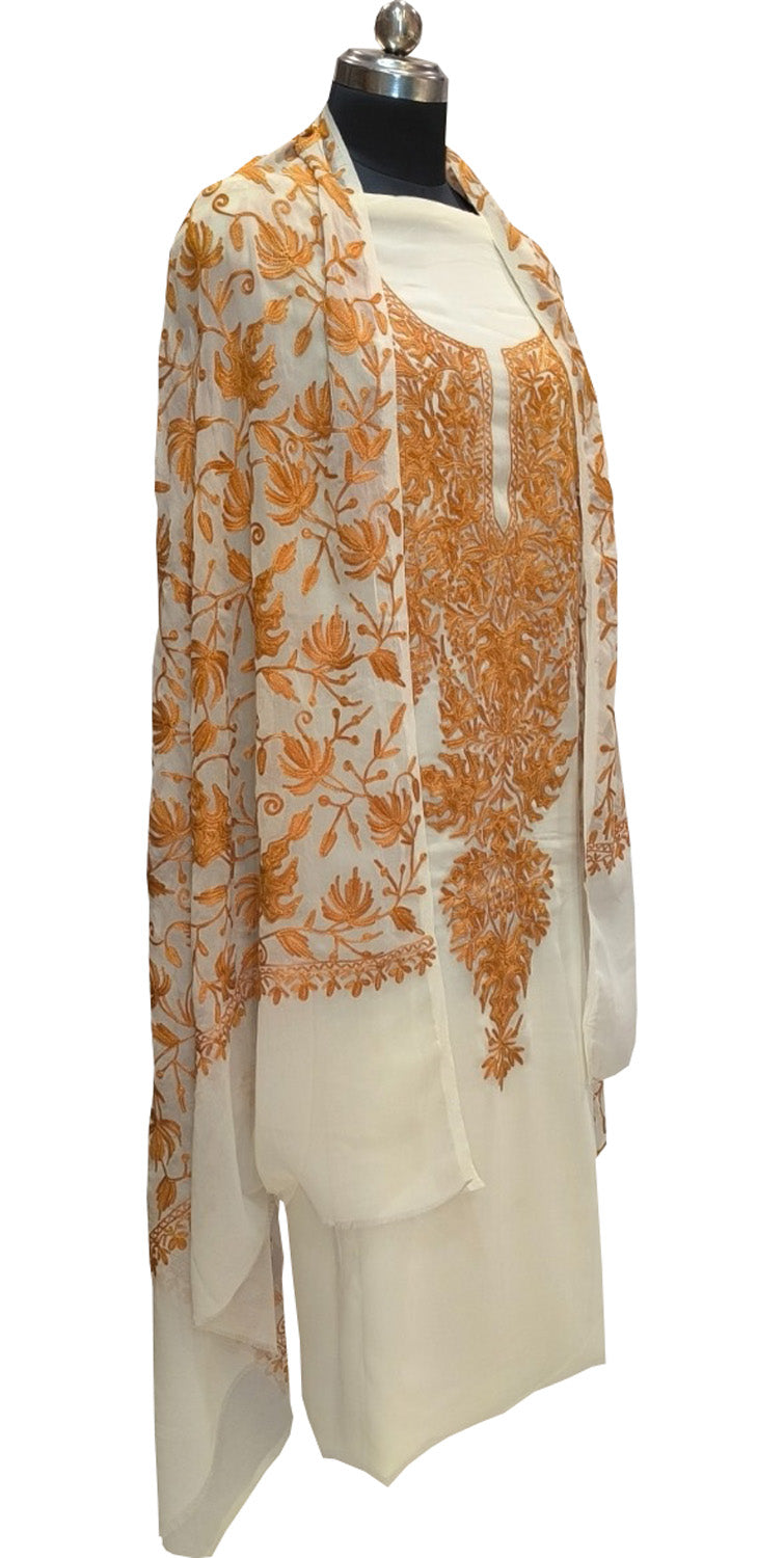 Elegant Off White Kashmiri Aari Work Georgette Three Piece Unstitched Suit Set - Luxurion World