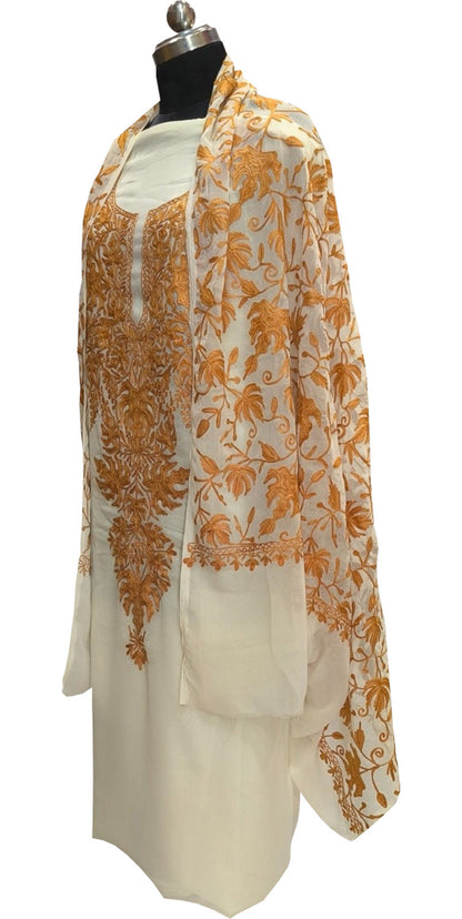 Elegant Off White Kashmiri Aari Work Georgette Three Piece Unstitched Suit Set - Luxurion World