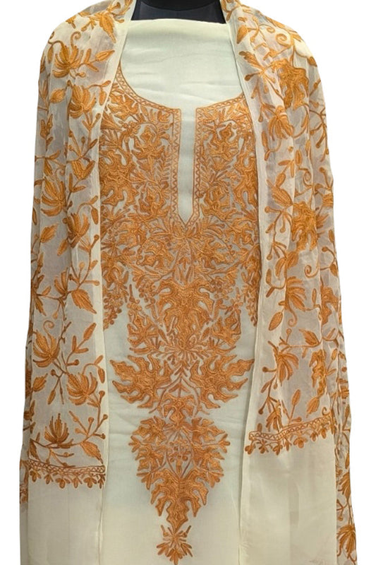 Elegant Off White Kashmiri Aari Work Georgette Three Piece Unstitched Suit Set - Luxurion World