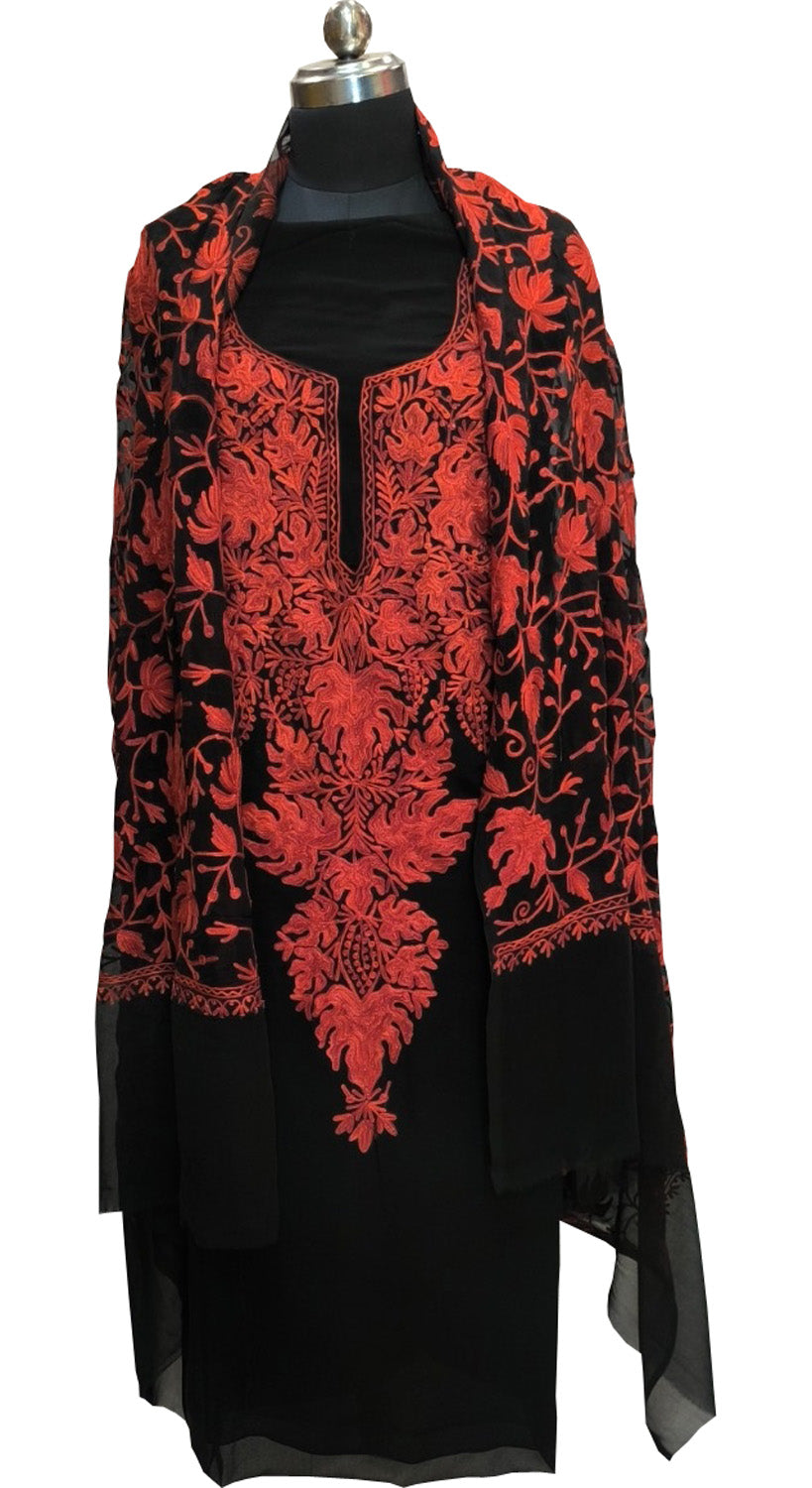 Elegant Black Kashmiri Aari Work Georgette Three Piece Unstitched Suit Set - Luxurion World