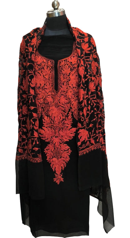 Elegant Black Kashmiri Aari Work Georgette Three Piece Unstitched Suit Set - Luxurion World