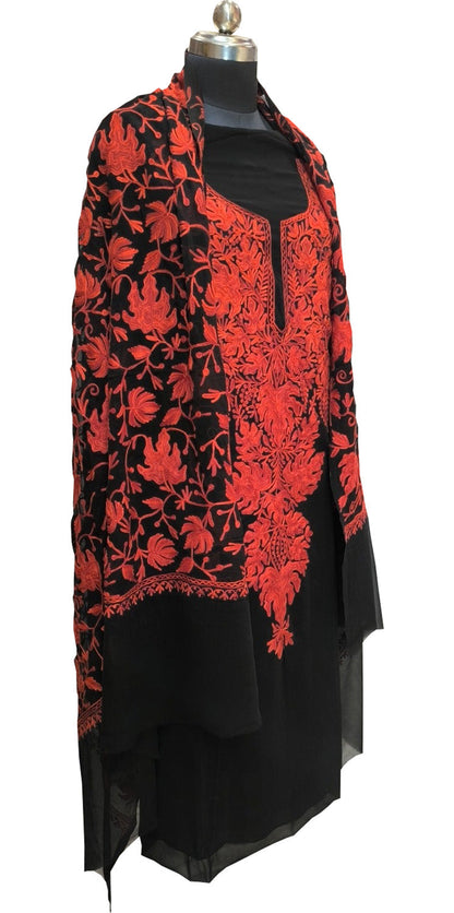 Elegant Black Kashmiri Aari Work Georgette Three Piece Unstitched Suit Set - Luxurion World