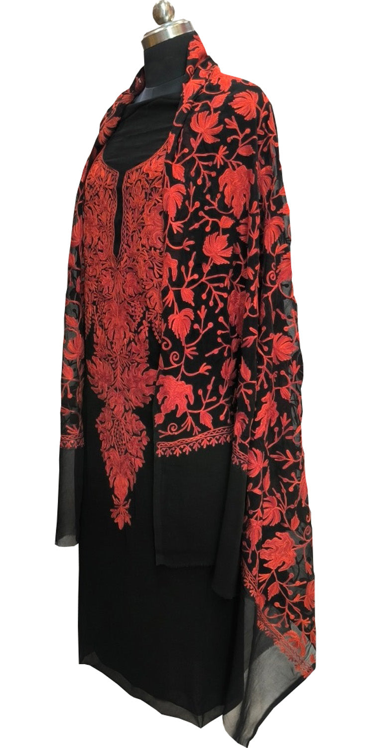 Elegant Black Kashmiri Aari Work Georgette Three Piece Unstitched Suit Set - Luxurion World