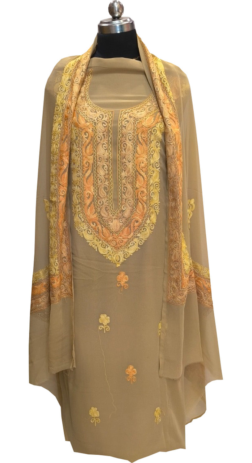 Elegant Pastel Kashmiri Aari Work Georgette Three Piece Unstitched Suit Set - Luxurion World