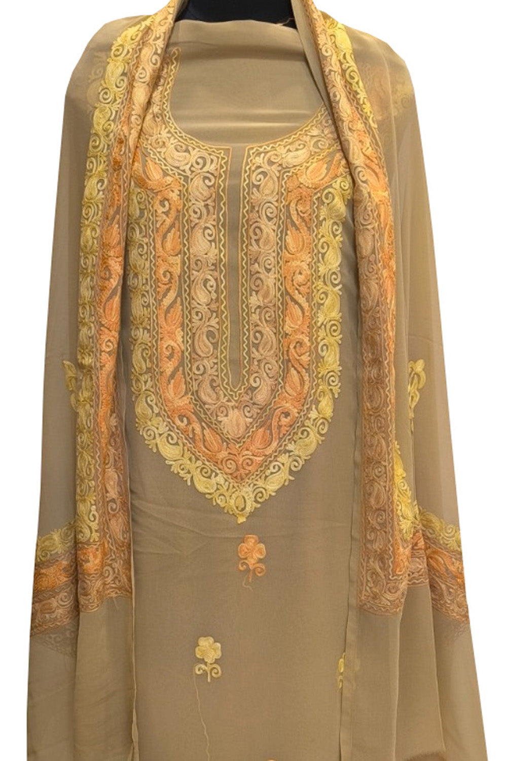 Elegant Pastel Kashmiri Aari Work Georgette Three Piece Unstitched Suit Set - Luxurion World