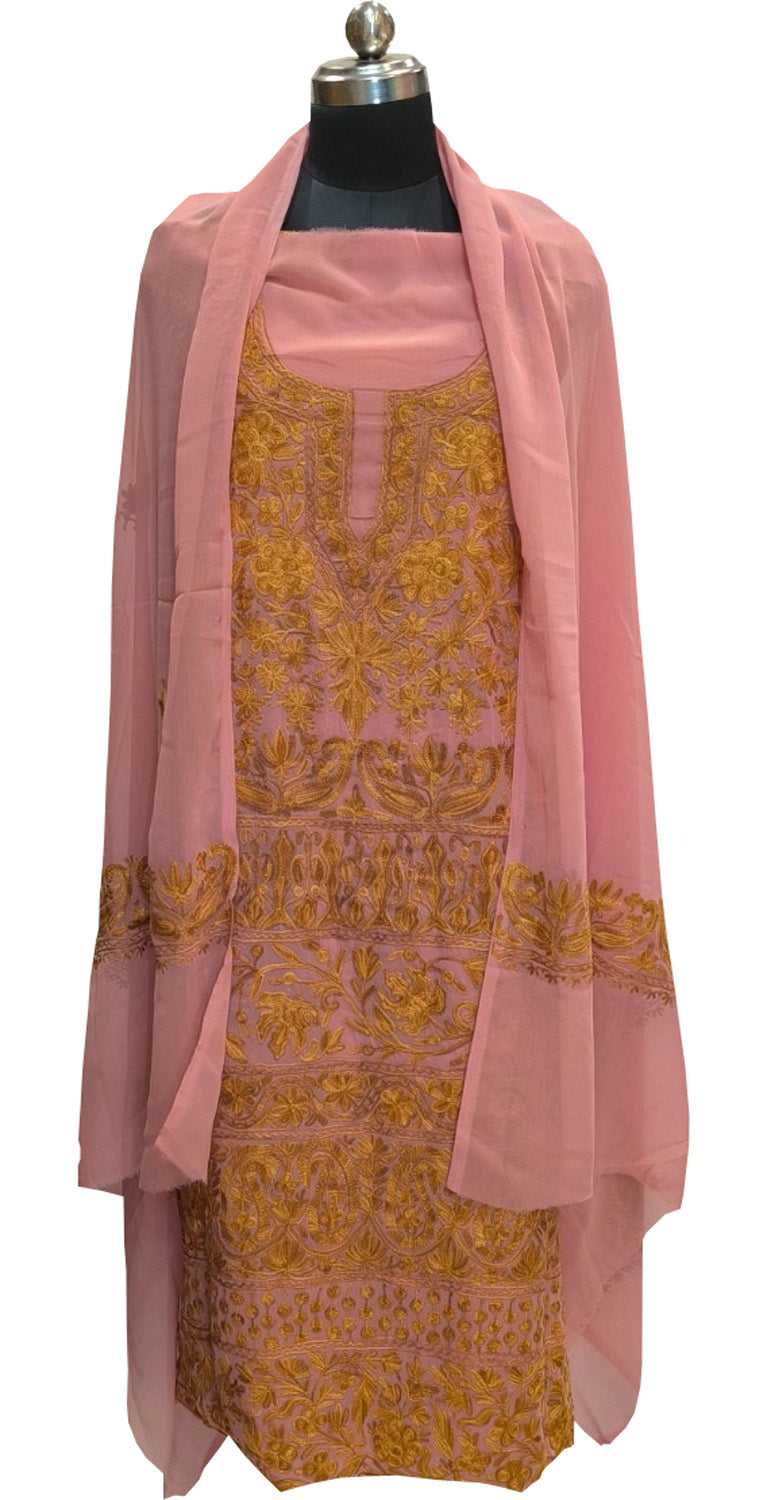 Elegant Pink Kashmiri Aari Work Georgette Three Piece Unstitched Suit Set - Luxurion World