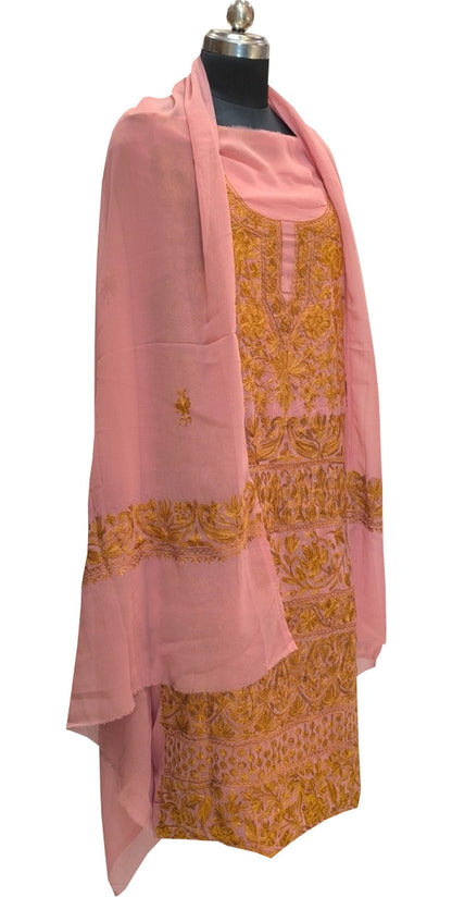 Elegant Pink Kashmiri Aari Work Georgette Three Piece Unstitched Suit Set - Luxurion World
