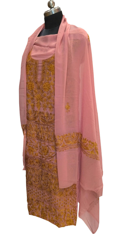 Elegant Pink Kashmiri Aari Work Georgette Three Piece Unstitched Suit Set - Luxurion World