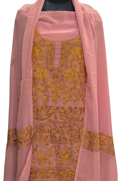 Elegant Pink Kashmiri Aari Work Georgette Three Piece Unstitched Suit Set - Luxurion World