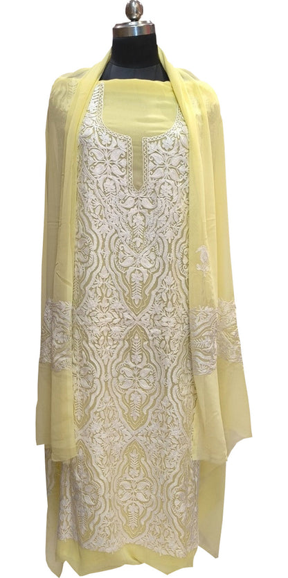 Yellow Kashmiri Aari Work Georgette Three Piece Unstitched Suit Set - Luxurion World