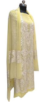 Yellow Kashmiri Aari Work Georgette Three Piece Unstitched Suit Set - Luxurion World
