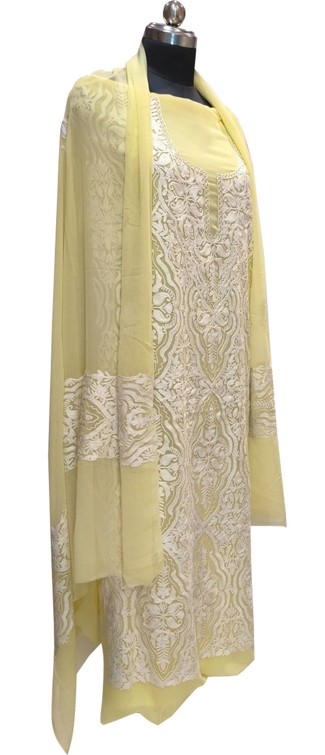 Yellow Kashmiri Aari Work Georgette Three Piece Unstitched Suit Set - Luxurion World
