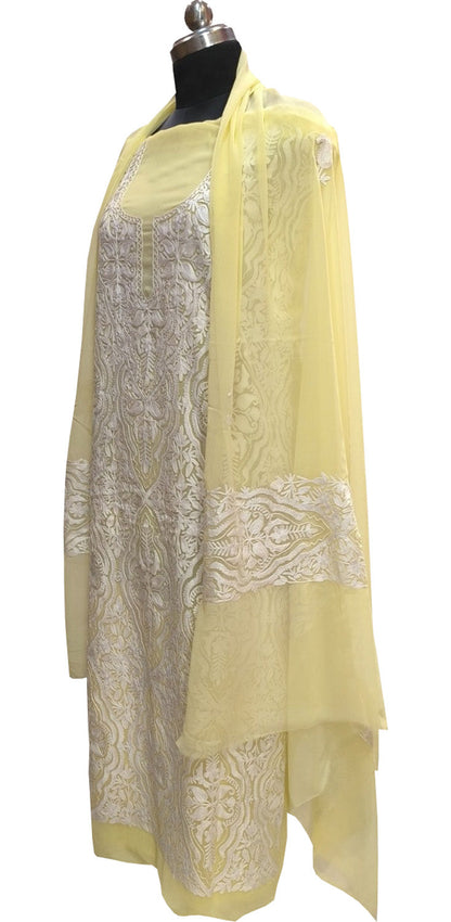 Yellow Kashmiri Aari Work Georgette Three Piece Unstitched Suit Set - Luxurion World