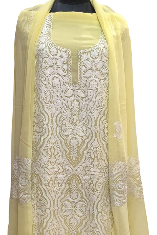 Yellow Kashmiri Aari Work Georgette Three Piece Unstitched Suit Set - Luxurion World