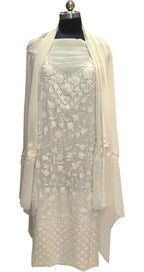 Elegant Off White Kashmiri Aari Work Georgette Three Piece Unstitched Suit Set - Luxurion World
