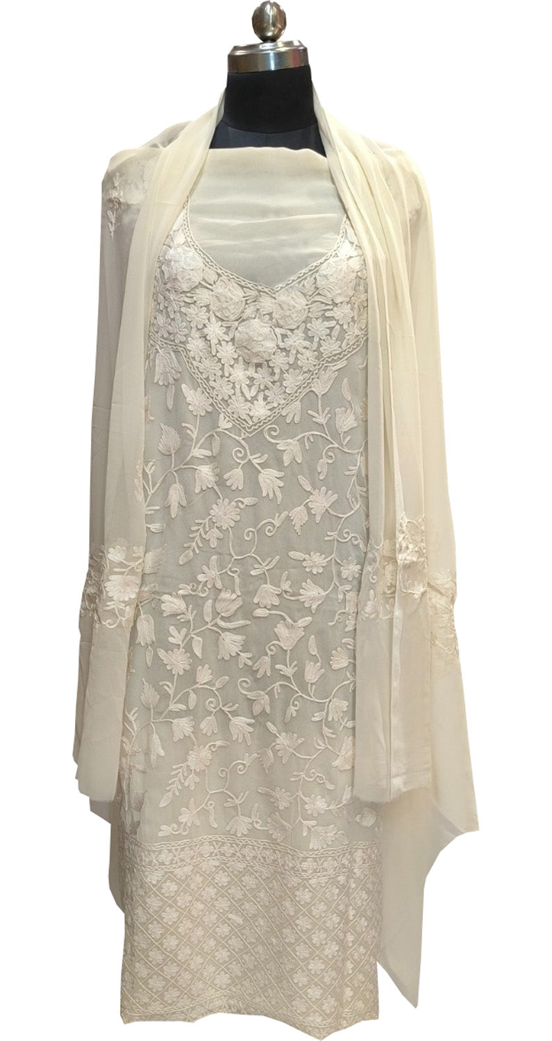Elegant Off White Kashmiri Aari Work Georgette Three Piece Unstitched Suit Set - Luxurion World