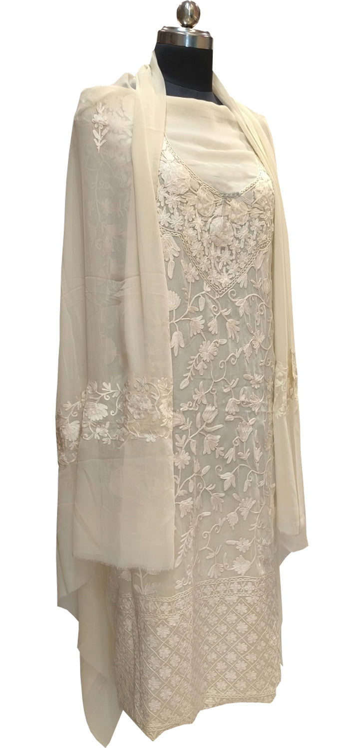 Elegant Off White Kashmiri Aari Work Georgette Three Piece Unstitched Suit Set - Luxurion World