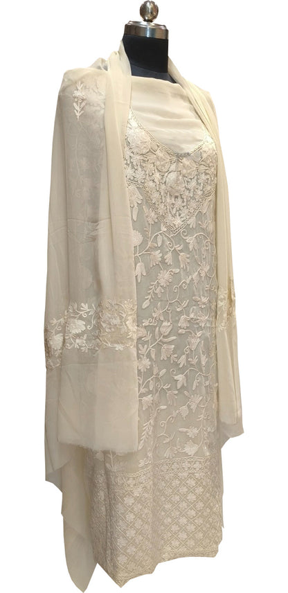 Elegant Off White Kashmiri Aari Work Georgette Three Piece Unstitched Suit Set - Luxurion World