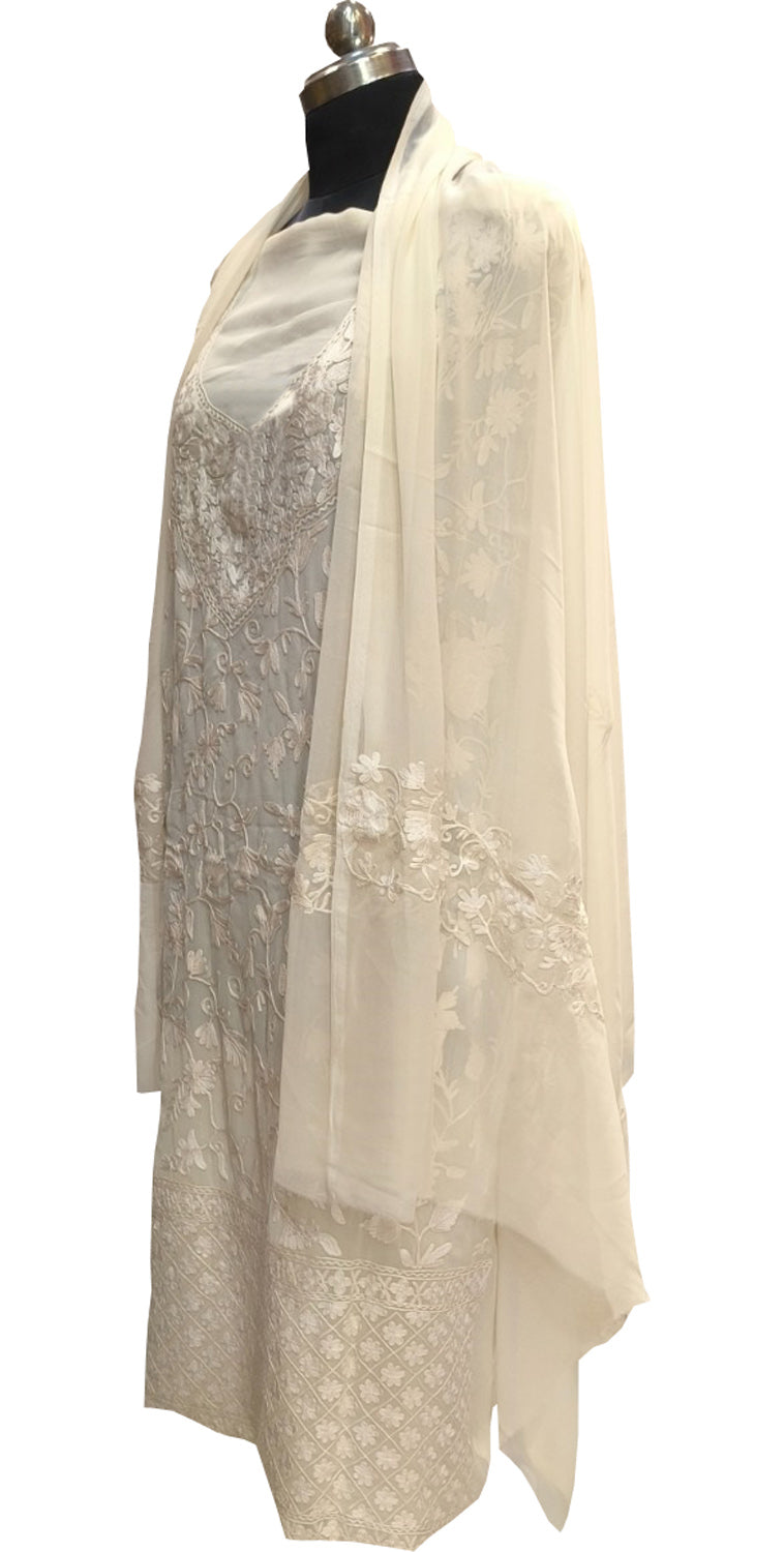 Elegant Off White Kashmiri Aari Work Georgette Three Piece Unstitched Suit Set - Luxurion World
