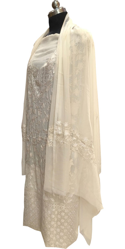Elegant Off White Kashmiri Aari Work Georgette Three Piece Unstitched Suit Set - Luxurion World