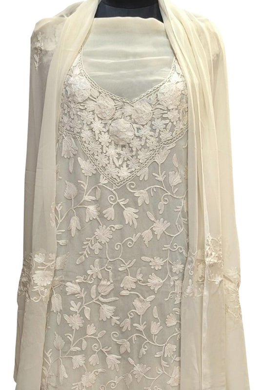 Elegant Off White Kashmiri Aari Work Georgette Three Piece Unstitched Suit Set - Luxurion World