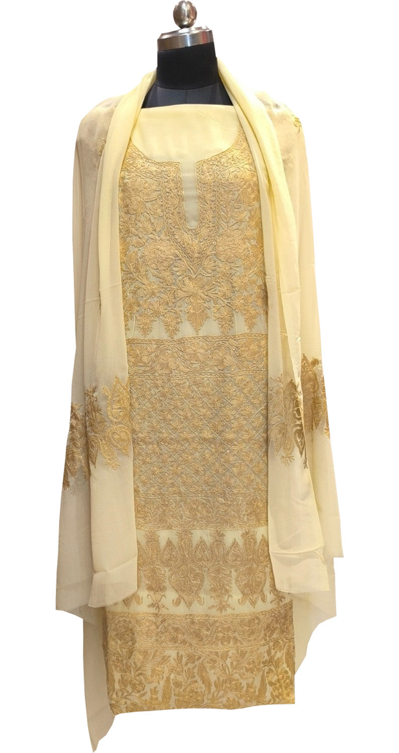 Yellow Kashmiri Aari Work Georgette Three Piece Unstitched Suit Set - Luxurion World