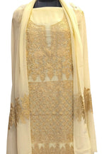 Yellow Kashmiri Aari Work Georgette Three Piece Unstitched Suit Set - Luxurion World