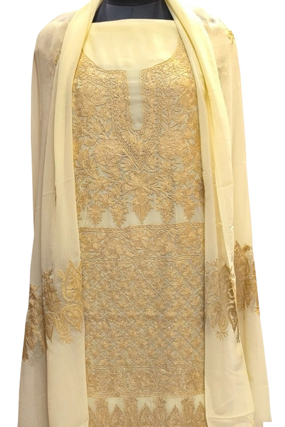 Yellow Kashmiri Aari Work Georgette Three Piece Unstitched Suit Set - Luxurion World