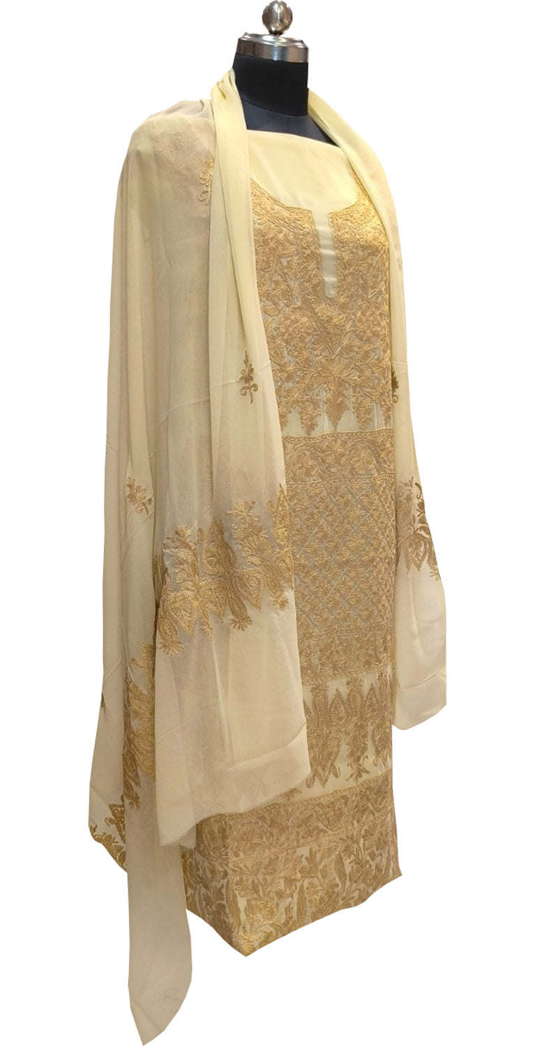 Yellow Kashmiri Aari Work Georgette Three Piece Unstitched Suit Set - Luxurion World