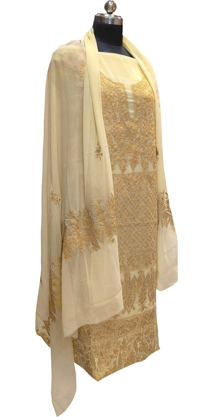 Yellow Kashmiri Aari Work Georgette Three Piece Unstitched Suit Set - Luxurion World
