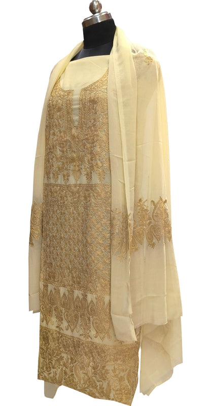 Yellow Kashmiri Aari Work Georgette Three Piece Unstitched Suit Set - Luxurion World