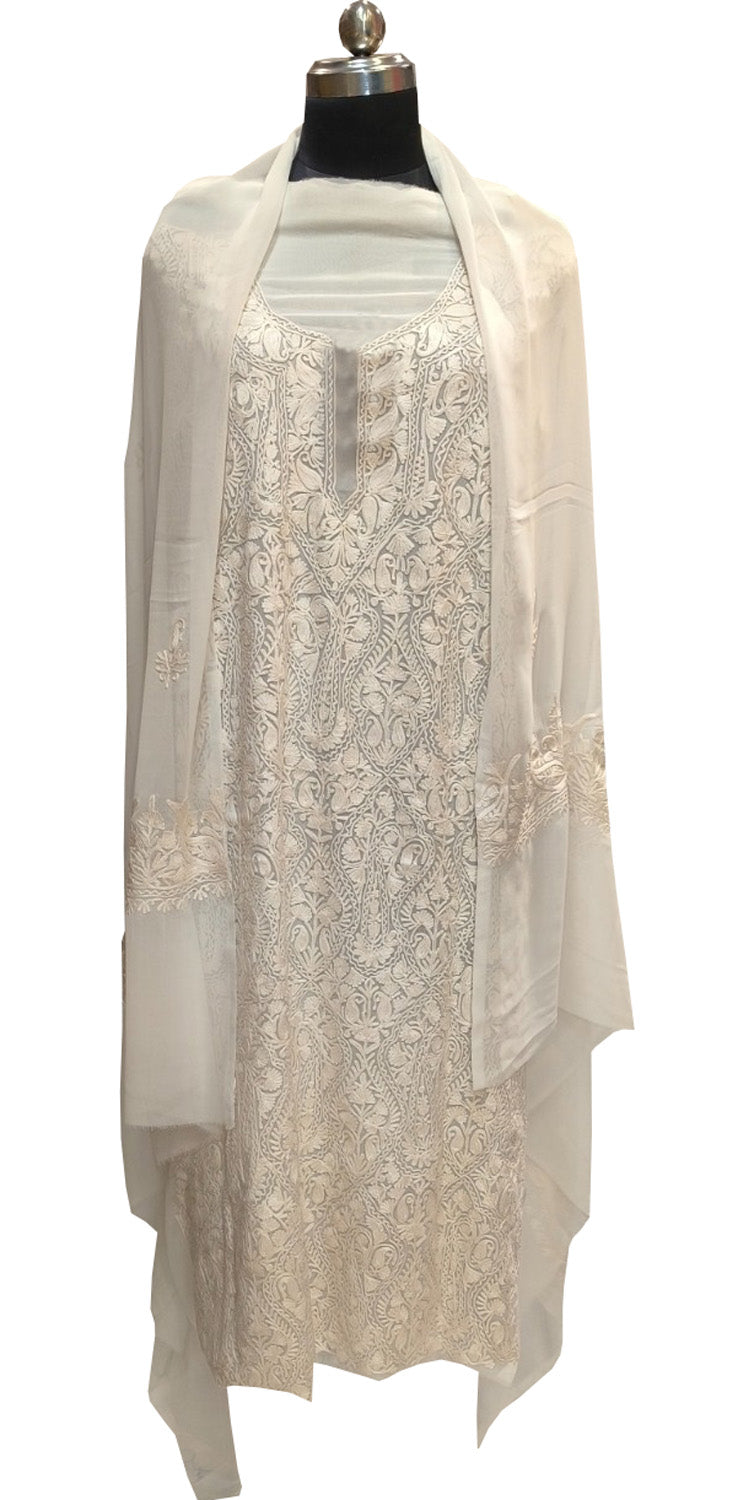 Elegant Off White Kashmiri Aari Work Georgette Three Piece Unstitched Suit Set - Luxurion World