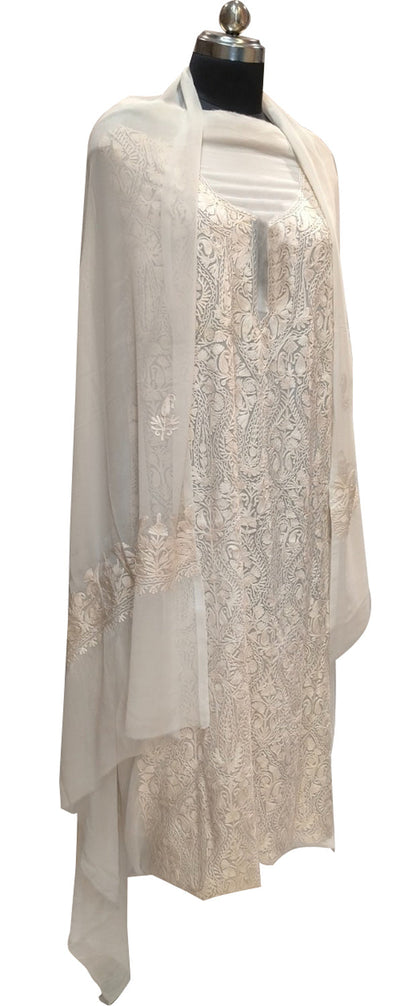 Elegant Off White Kashmiri Aari Work Georgette Three Piece Unstitched Suit Set - Luxurion World