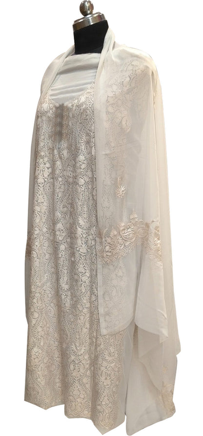 Elegant Off White Kashmiri Aari Work Georgette Three Piece Unstitched Suit Set - Luxurion World